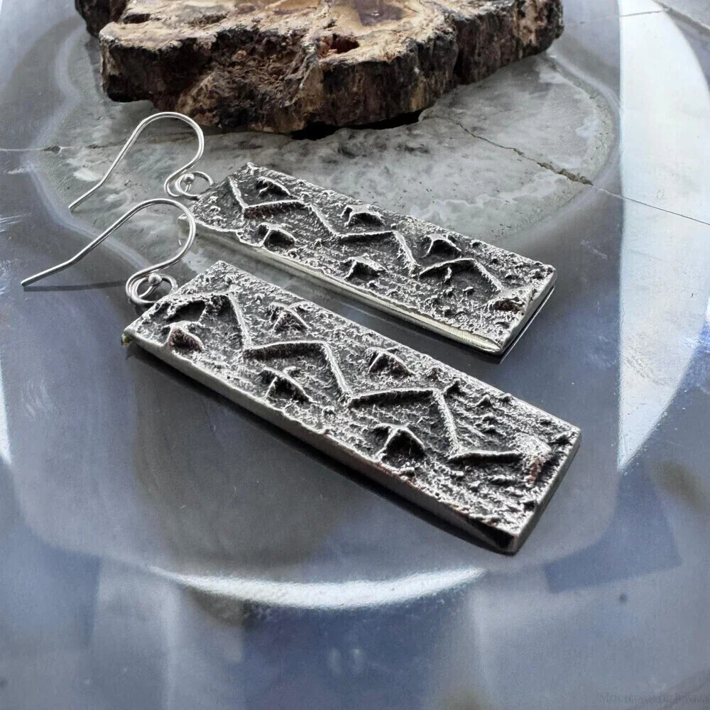 Cheyenne Custer Sterling Silver Tufa Cast Rectangle Dangle Earrings For Women